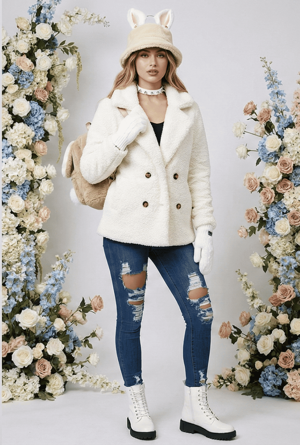 Labubu-inspired winter outfit featuring a cream faux-fur shearling jacket, ripped denim, and a plush character backpack for street style in NYC, LA, Miami, and Dallas