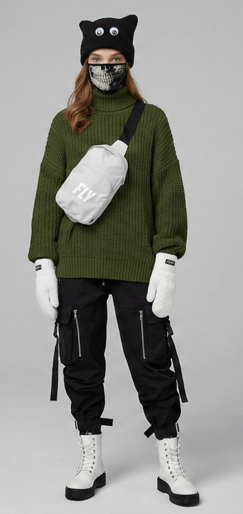 Woman wearing Shadow Moss winter streetwear outfit by FLY Clothing featuring olive green knit sweater and monster eye beanie