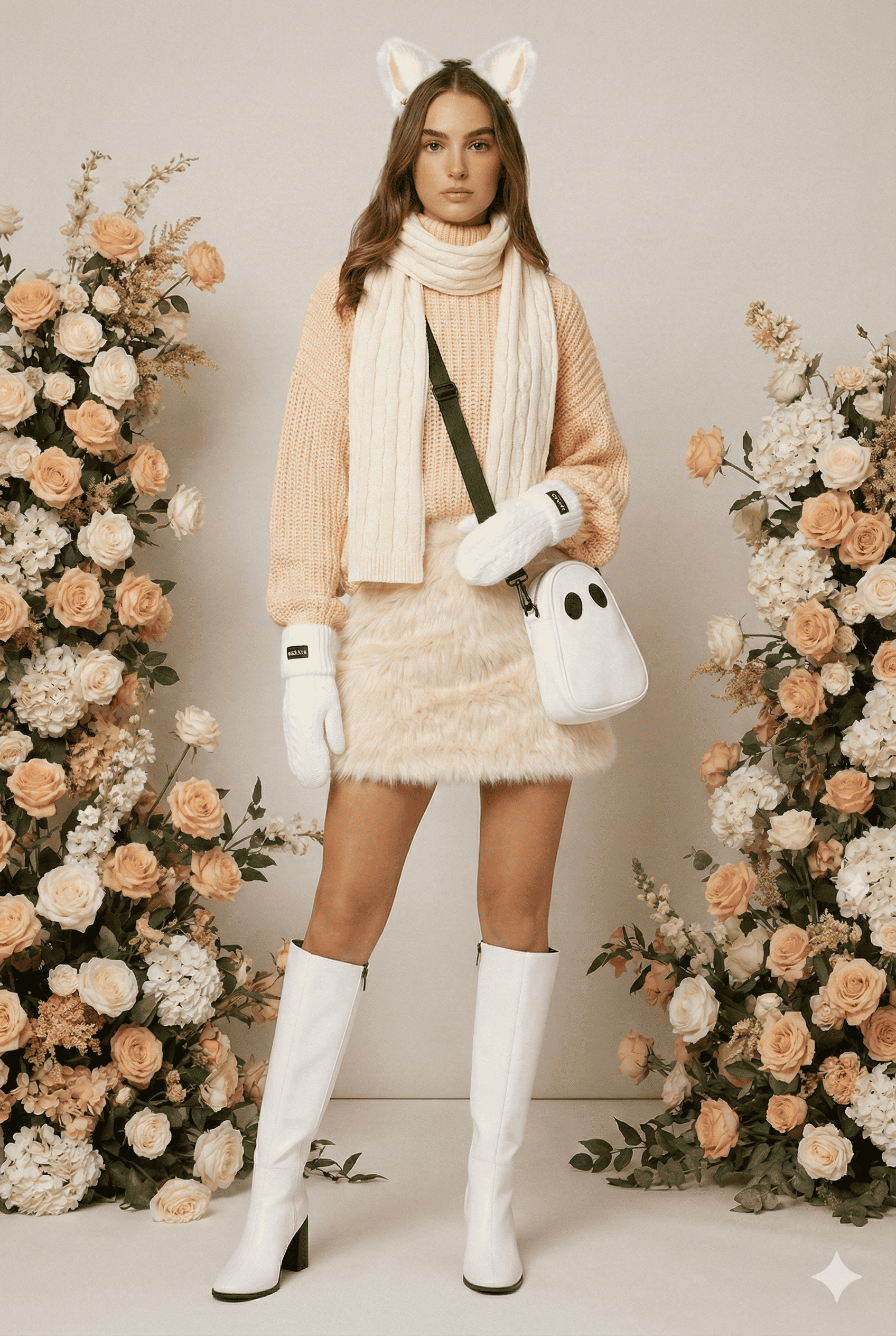 Labubu-inspired winter outfit featuring a peach knit sweater, cream faux fur skirt, and ghost-motif crossbody bag for the winter street scenes in NYC, LA, Miami, and Dallas