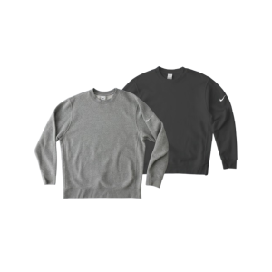 Custom Nike fleece crewneck sweatshirts in grey and black, featuring personalized sleeve embroidery for clients in NYC, Miami, LA, and Dallas