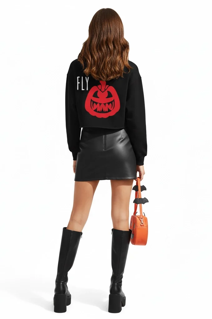 A full-body studio portrait of a woman modeling the FLY Clothing Co. "Midnight Lantern" alternative streetwear look. She is wearing a black cropped hoodie featuring a "SPICE & FLY" pumpkin graphic on the chest and a black faux-leather mini skirt with a diagonal seam and a small side slit. spiky white cat-eye sunglasses, a black spiked choker, a gold pumpkin pendant necklace. The outfit is completed with high-calf black platform combat boots and a peek of white socks.