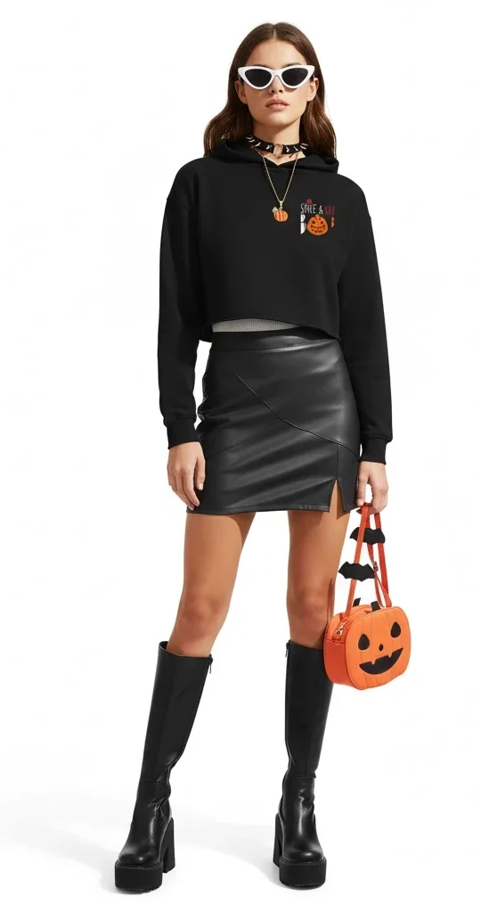 A woman models the FLY Clothing Co. "Midnight Lantern" alternative streetwear outfit, featuring a black cropped hoodie with pumpkin graphics, a black leather mini skirt with a side slit, and chunky black platform boots. She is accessorized with a black pumpkin-embroidered bucket hat, a black eye mask, a black choker, a pumpkin pendant necklace, and a round orange jack-o'-lantern crossbody bag.