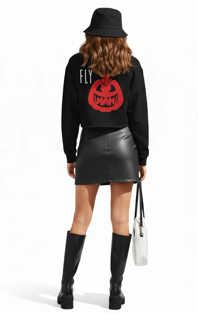 "Back view of a model wearing the Midnight Lantern long-sleeve crop top by FLY Clothing Co. The black top features a bold red jack-o'-lantern face graphic on the back with vertical white text reading 'FLY'. The outfit is styled with a black leather mini skirt, black knee-high platform boots, a black bucket hat, and a white shoulder bag on a white background."