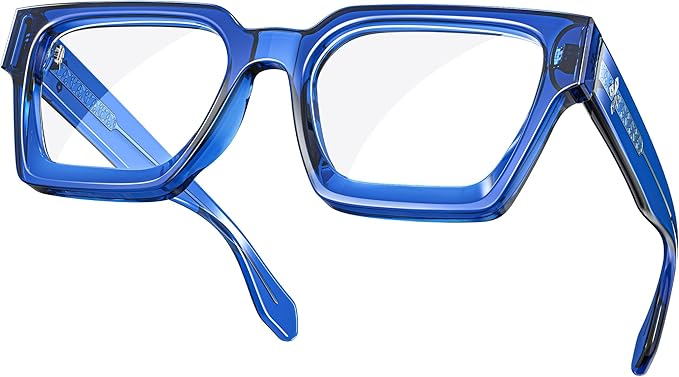 Fly Clothing Co. Blue Light Blocking Glasses with transparent blue square frames and silver temple detailing.