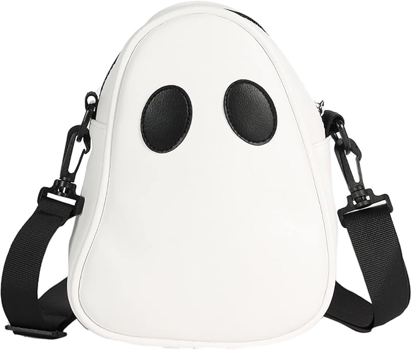 A white, ghost-shaped crossbody novelty purse from Fly Clothing Co. featuring two round black eyes and an adjustable black nylon strap.