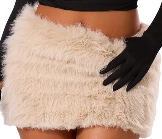 Fly Clothing Co. Women's Beige Fuzzy Faux Fur Y2K Bodycon Mini Skirt
