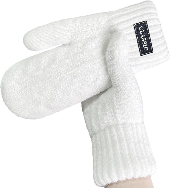 Pair of Fly Clothing Co. white cable-knit winter mittens with ribbed cuffs and black "CLASSIC" logo patch.