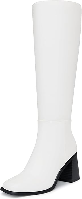Fly Clothing Co. women’s knee-high boots in smooth white with a contrasting black block heel and square toe.
