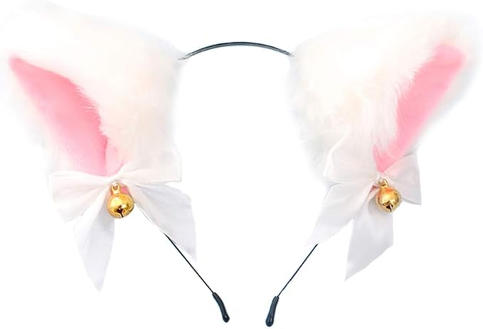 A pair of white plush faux fur cat ears on a thin black headband, featuring a soft pink inner lining, white satin bows, and small gold bells.