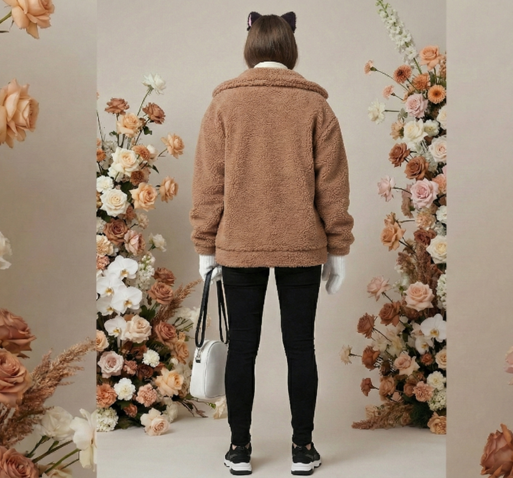 Here are the alt text, caption, and product description for the "Toffee Monster" look from the FLY Clothing Co. Winter Streetwear Collection, based on the provided reference imagery. 1. Alt Text (For SEO & Accessibility) A woman modeling the rear view of the FLY Clothing Co. "Toffee Monster" outfit, featuring a plush tan teddy-fleece jacket, black skinny jeans, and black sneakers. She is seen from behind with her hands in white cable-knit mittens, holding a white ghost-shaped crossbody bag, and wearing black plush cat ears, set against a backdrop of tan and peach floral arrangements.