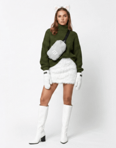 Fly Clothing Co. Emerald Sprite winter streetwear outfit featuring an emerald green oversized turtleneck sweater, white faux fur mini skirt, white cat ears, and white knee-high boots.