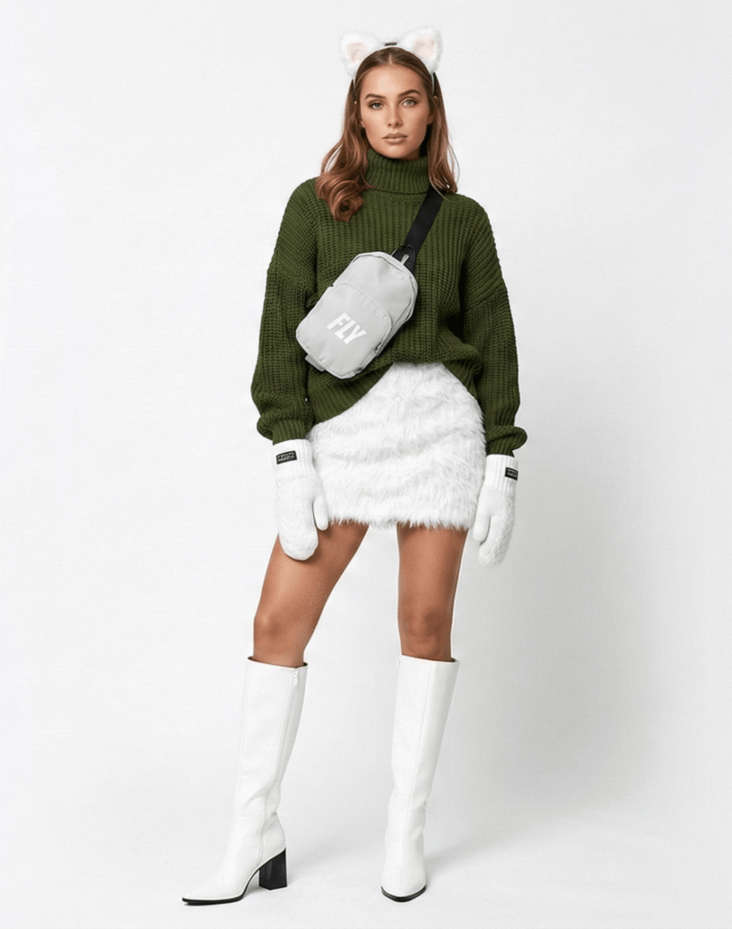 Fly Clothing Co. Emerald Sprite winter streetwear outfit featuring an emerald green oversized turtleneck sweater, white faux fur mini skirt, white cat ears, and white knee-high boots.