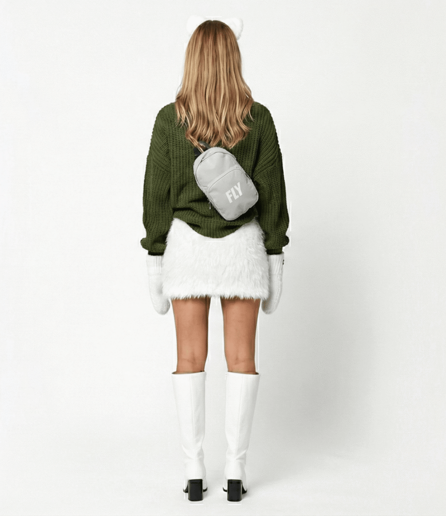 Rear view of the Fly Clothing Co. Emerald Sprite outfit showing the emerald green chunky knit sweater, white faux fur mini skirt, and the black nylon strap of the FLY Grove Sling Bag.