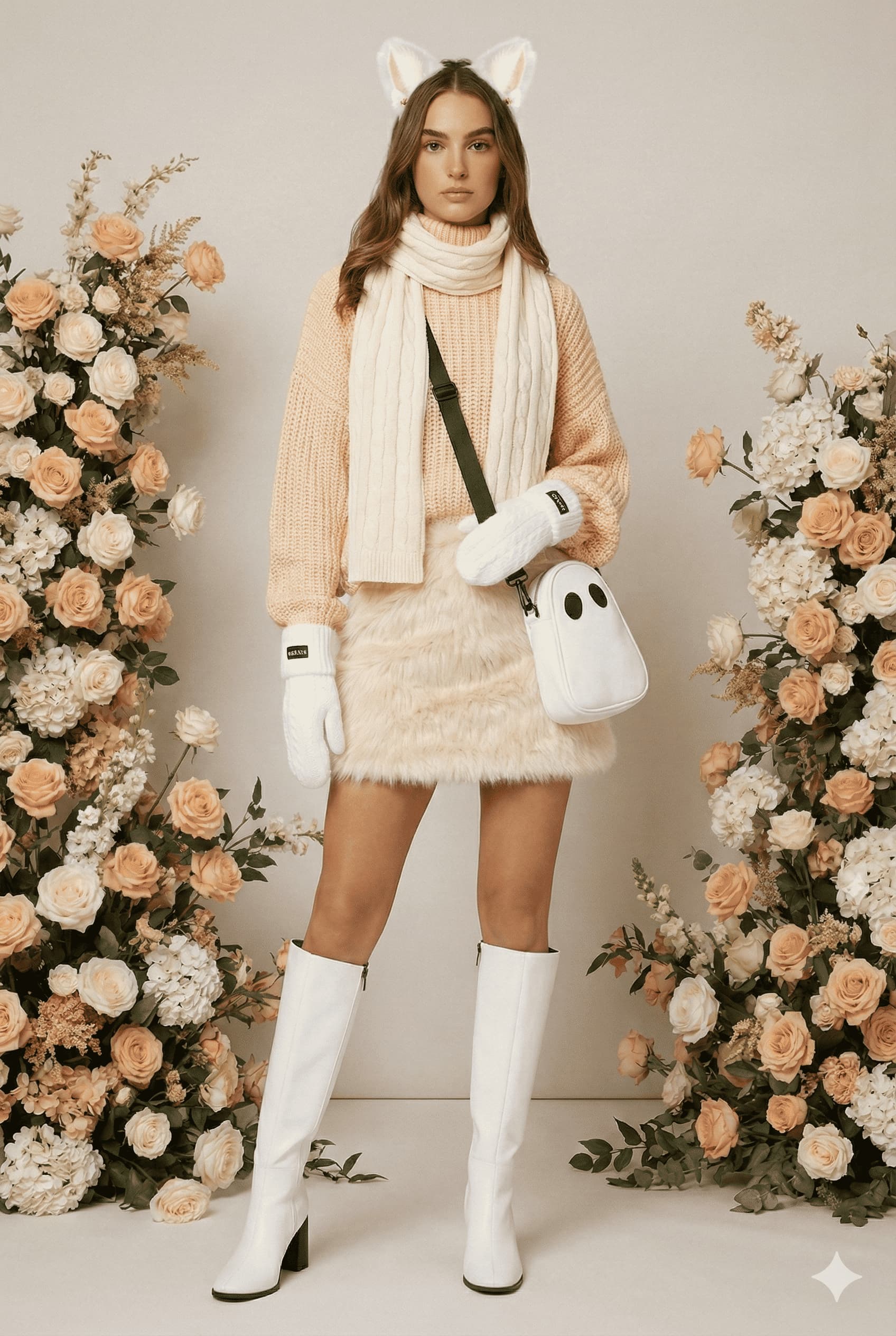 A woman models the FLY Clothing Co. "Apricot Aura" winter outfit, featuring an apricot-colored oversized knit sweater, a cream faux-fur mini skirt, and knee-high white boots with black heels. Accessories include a white plush ear headband, a cream ribbed scarf, white cable-knit mittens, and a white ghost-shaped crossbody bag. The studio setting is decorated with peach, apricot, and cream floral arrangements.