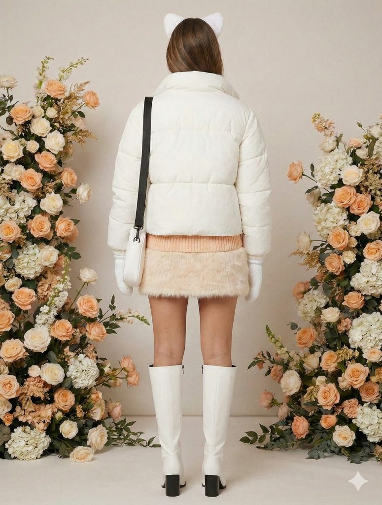 A woman models the FLY Clothing Co. "Apricot Aura" winter outfit, featuring an apricot-colored oversized knit sweater, a cream faux-fur mini skirt, and knee-high white boots with black heels. She is accessorized with a white plush ear headband, a cream ribbed scarf, white cable-knit mittens, and a white ghost-shaped crossbody bag. The rear view shows the outfit layered with a white cropped puffer jacket.