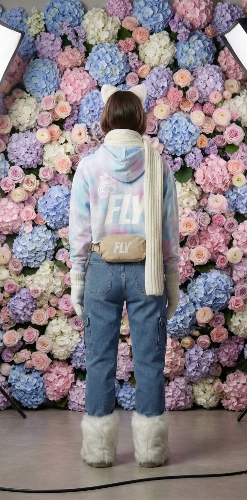 Front and rear views of a model wearing the FLY Clothing Co. "Cotton Candy" winter ensemble, featuring a pastel blue and pink tie-dye cropped hoodie with "FLY" branding, blue denim cargo pants, and oversized white faux-fur boots. The look is accessorized with white plush ears, blue glasses, a cream scarf, and a tan "FLY" crossbody bag against a floral studio backdrop.