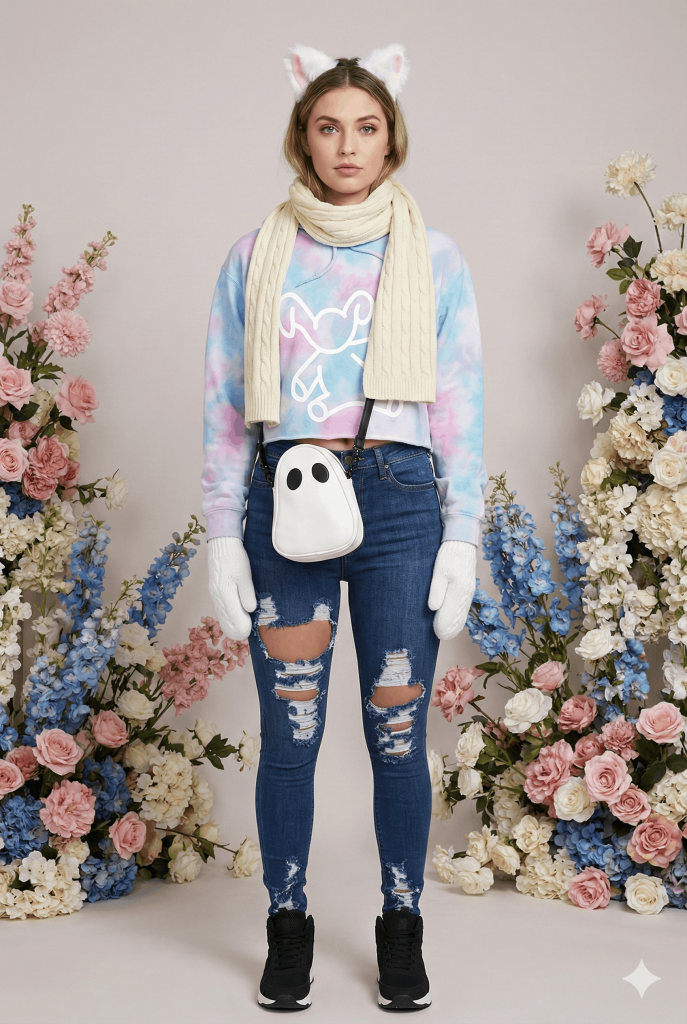 A woman modeling the FLY Clothing Co. "Dream & Dust" outfit, featuring a blue and pink tie-dye cropped hoodie with a white character graphic. She is wearing distressed dark blue skinny jeans, black sneakers, white cable-knit mittens, and a cream ribbed scarf. Her accessories include a white ghost-shaped crossbody bag and white plush cat ears with pink interiors.