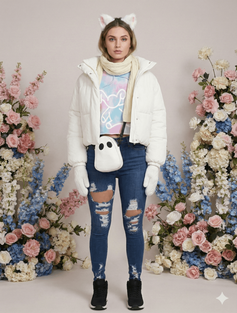 A woman models the FLY Clothing Co. "Dream & Dust" streetwear outfit, featuring a blue and pink tie-dye cropped hoodie with a white character graphic, layered under a white full-zip puffer jacket. She is wearing heavily distressed blue skinny jeans, black slip-on sneakers with white soles, white cable-knit mittens, a cream ribbed scarf, and white plush cat ears.