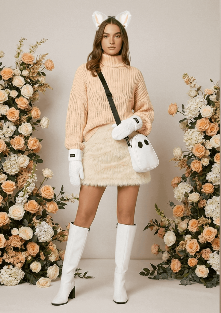 A woman modeling the FLY Clothing Co. "Marshmallow Monster" outfit. She is wearing an oversized peach turtleneck sweater, a cream-colored fluffy faux fur mini skirt, and white knee-high boots. Her accessories include a white ghost-shaped crossbody bag, white cable-knit mittens, and white plush cat ears, all set against a backdrop of peach and white floral arrangements.