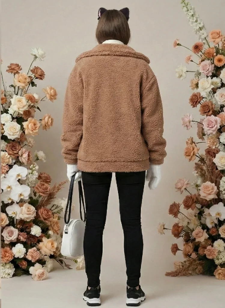 Here are the alt text, caption, and product description for the "Toffee Monster" look from the FLY Clothing Co. Winter Streetwear Collection, based on the provided reference imagery. 1. Alt Text (For SEO & Accessibility) A woman modeling the rear view of the FLY Clothing Co. "Toffee Monster" outfit, featuring a plush tan teddy-fleece jacket, black skinny jeans, and black sneakers. She is seen from behind with her hands in white cable-knit mittens, holding a white ghost-shaped crossbody bag, and wearing black plush cat ears, set against a backdrop of tan and peach floral arrangements.