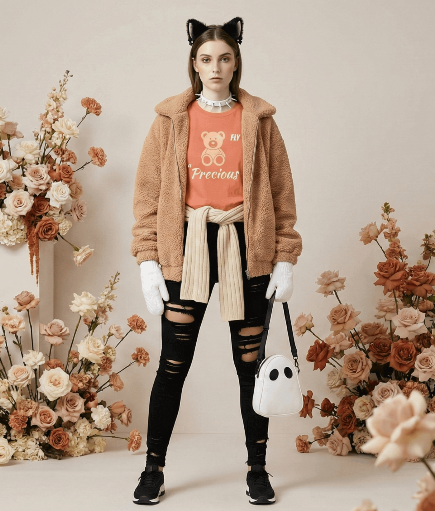 A woman modeling the FLY Clothing Co. "Toffee Monster" outfit. She is wearing a tan teddy-fleece zip-up jacket over a peach graphic t-shirt featuring a teddy bear and the words "FLY Precious". The look includes black ripped skinny jeans, black sneakers, white cable-knit mittens, a cream ribbed sweater tied around her waist, a white spiked choker, black plush cat ears, and a white ghost-shaped crossbody bag.