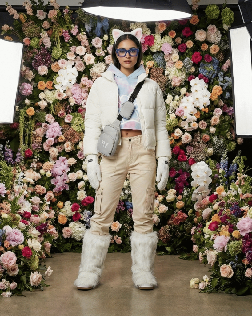 A woman models the FLY Clothing Co. "Urban Frost" outfit, featuring a white full-zip puffer jacket layered over a blue and pink tie-dye cropped hoodie. She is wearing tan high-waisted cargo pants, oversized white faux-fur boots, and a grey crossbody bag with "FLY" branding. Accessories include white plush cat ears with pink interiors, blue-framed glasses, a cream ribbed scarf, and white cable-knit mittens, all set against a vibrant floral studio background.