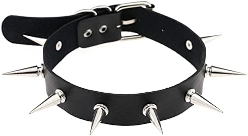 "Studio shot of the Black Spiked Leather Choker by FLY Clothing Co. The accessory features a thick black leather band embellished with sharp, silver-tone cone spikes and is finished with a silver metal buckle closure and grommets for an adjustable fit."