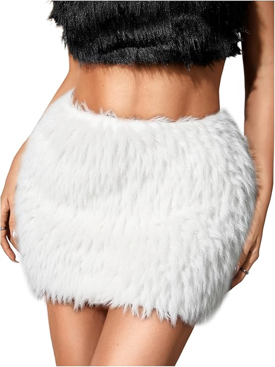 A close-up view of a woman wearing the Fly Clothing Co. Fuzzy Fur Bodycon Skirt in white, highlighting its plush faux fur texture.