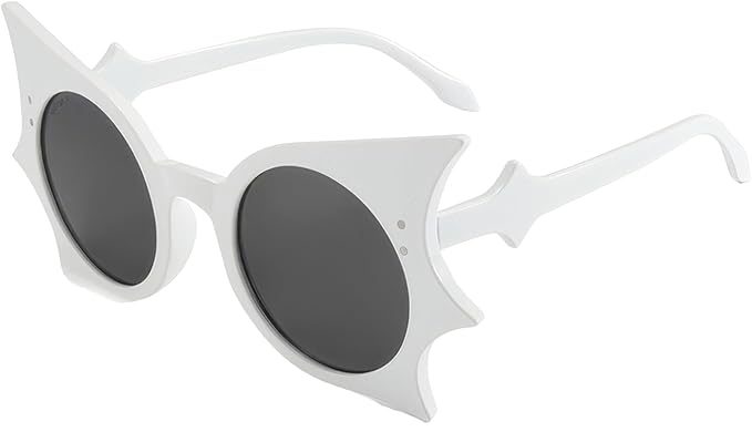 "Studio shot of the Gothic Bat Sunglasses by FLY Clothing Co., featuring glossy white frames designed in a stylized bat-wing shape. The sunglasses have round, dark-tinted lenses set centrally within the flared frames. The temple arms feature a decorative, angular geometric design near the hinges, and three small accents adorn the outer corners of the wings."
