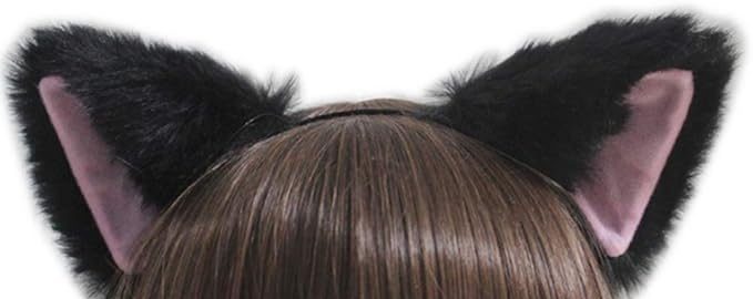 A headband featuring large, pointed cat ears made of thick, black plush faux fur with soft pink inner linings.