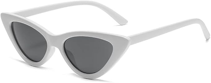 "A three-quarter view of the Vintage Narrow Cat Eye sunglasses by FLY Clothing Co. The sunglasses feature thick, glossy white frames in a sharp, exaggerated triangular cat-eye shape with dark tinted lenses, set against a plain white background."