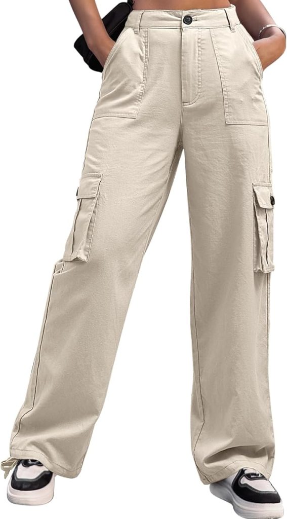 A pair of high-waisted, tan cargo pants featuring a straight-leg silhouette with large utility flap pockets on the outer thighs, classic front patch pockets, and a button-front closure.