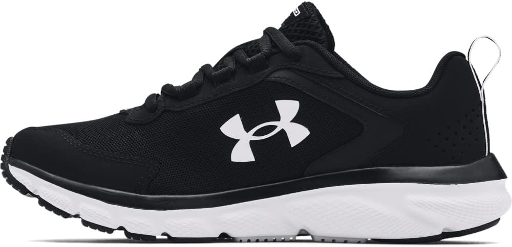 A black performance running shoe featuring a breathable mesh upper, supportive synthetic overlays, and a prominent white logo on the side. The shoe is designed with a thick white cushioned midsole and a black rubber outsole.