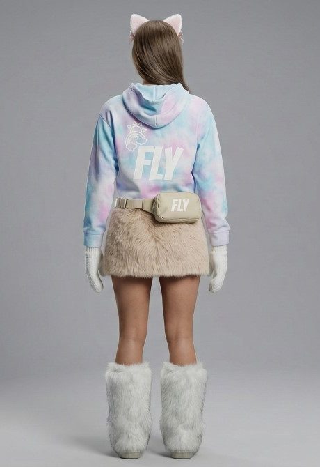 Rear view of Fly Clothing Co. Labubu Inspired Pastel Dream collection featuring high-volume faux fur textures and pastel winter streetwear.
