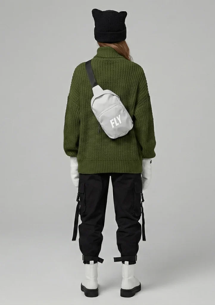 Rear view of the Shadow Moss set by FLY Clothing showing the oversized fit of the green sweater and the FLY crossbody bag.