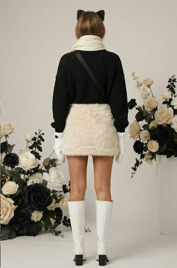 Rear view of the Fly Clothing Co. Arctic Blossom outfit, showcasing the texture of the beige fuzzy skirt, black knit sweater, and the back of the cat ear headband.