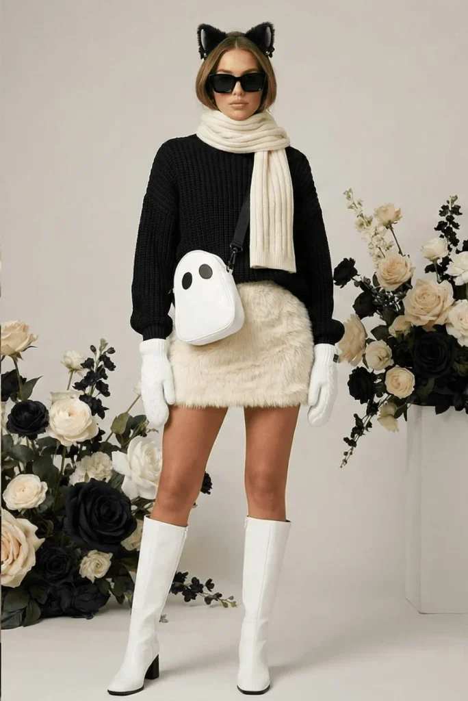 Front view of a model wearing the Fly Clothing Co. Arctic Blossom outfit, featuring a black sweater, beige fuzzy mini skirt, white boots, and cat ear headband set against a floral backdrop.