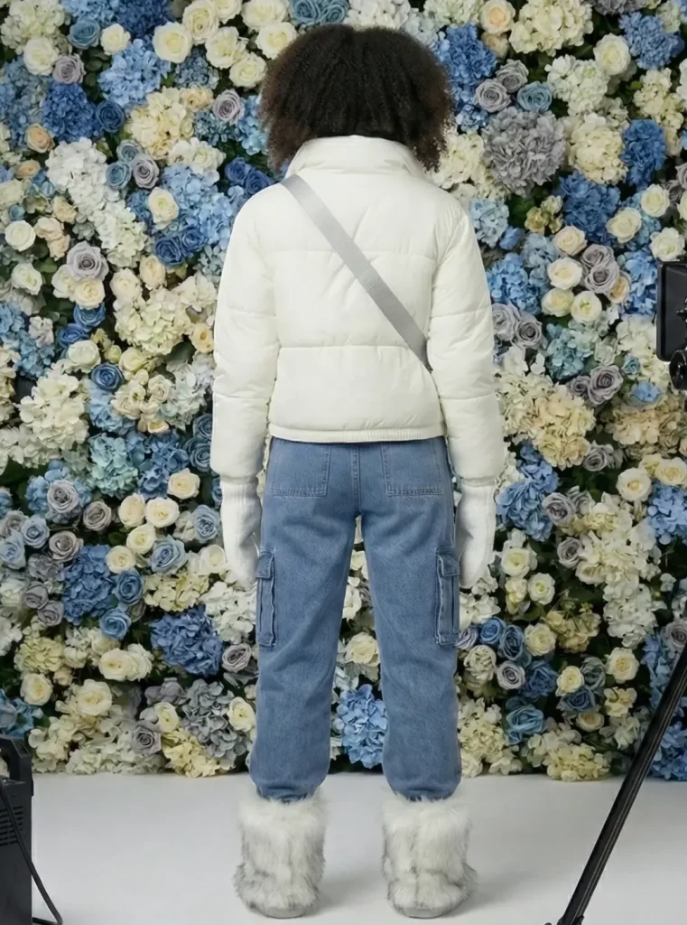 Front and rear views of a model wearing the FLY Clothing Co. "Arctic Fluff" outfit, featuring a white cropped puffer jacket, a blue and pink tie-dye hoodie, and light blue denim cargo pants. The look is completed with oversized white faux-fur boots, white cat ears, blue glasses, white mittens, and a grey "FLY" crossbody bag, set against a blue and white floral studio backdrop.