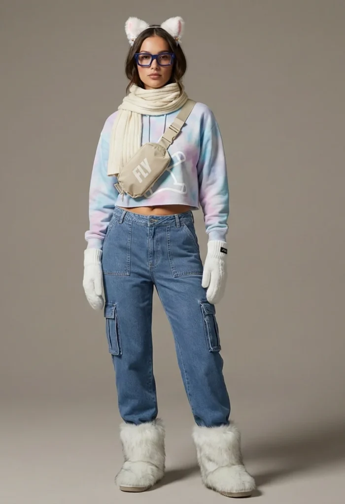 A woman models the FLY Clothing Co. "Cotton Candy" winter outfit, featuring a pastel blue, pink, and purple tie-dye cropped hoodie, blue denim cargo pants, and oversized white faux-fur boots. She is accessorized with white plush cat ears, blue-framed glasses, a cream ribbed scarf, white cable-knit mittens, and a tan crossbody bag with "FLY" branding. The studio setting includes a dense floral backdrop and professional camera equipment.