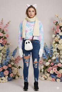 A woman modeling the FLY Clothing Co. "Dream & Dust" outfit, featuring a blue and pink tie-dye cropped hoodie with a white character graphic. She is wearing distressed dark blue skinny jeans, black sneakers, white cable-knit mittens, and a cream ribbed scarf. Her accessories include a white ghost-shaped crossbody bag and white plush cat ears with pink interiors.
