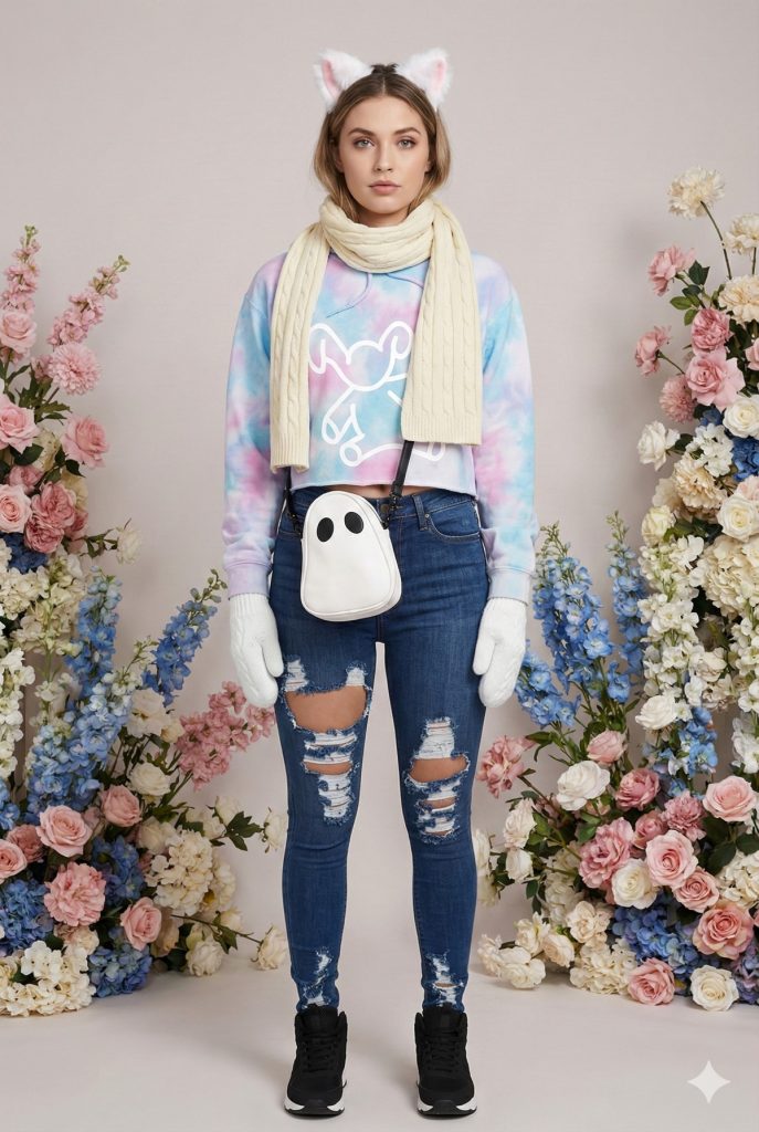 A woman modeling the FLY Clothing Co. "Dream & Dust" outfit, featuring a blue and pink tie-dye cropped hoodie with a white character graphic. She is wearing distressed dark blue skinny jeans, black sneakers, white cable-knit mittens, and a cream ribbed scarf. Her accessories include a white ghost-shaped crossbody bag and white plush cat ears with pink interiors.