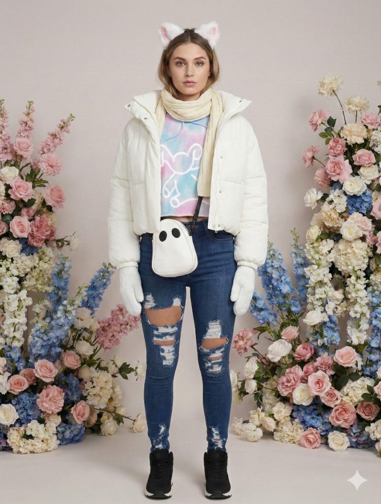 A woman models the FLY Clothing Co. "Dream & Dust" streetwear outfit, featuring a blue and pink tie-dye cropped hoodie with a white character graphic, layered under a white full-zip puffer jacket. She is wearing heavily distressed blue skinny jeans, black slip-on sneakers with white soles, white cable-knit mittens, a cream ribbed scarf, and white plush cat ears.