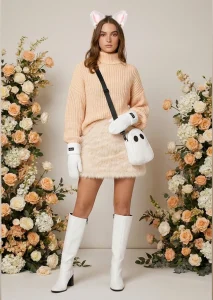 A woman modeling the FLY Clothing Co. "Marshmallow Monster" outfit. She is wearing an oversized peach turtleneck sweater, a cream-colored fluffy faux fur mini skirt, and white knee-high boots. Her accessories include a white ghost-shaped crossbody bag, white cable-knit mittens, and white plush cat ears, all set against a backdrop of peach and white floral arrangements.
