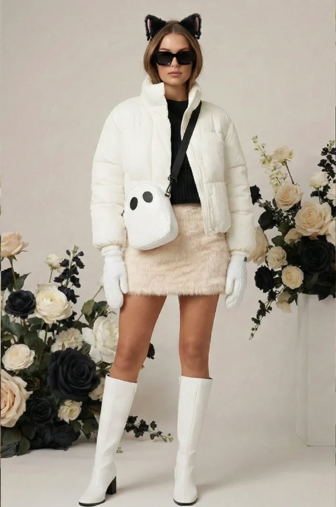 Onyx Cream Winter Streetwear Outfit: Woman in Y2k fuzzy bodycon dress and long fur ears