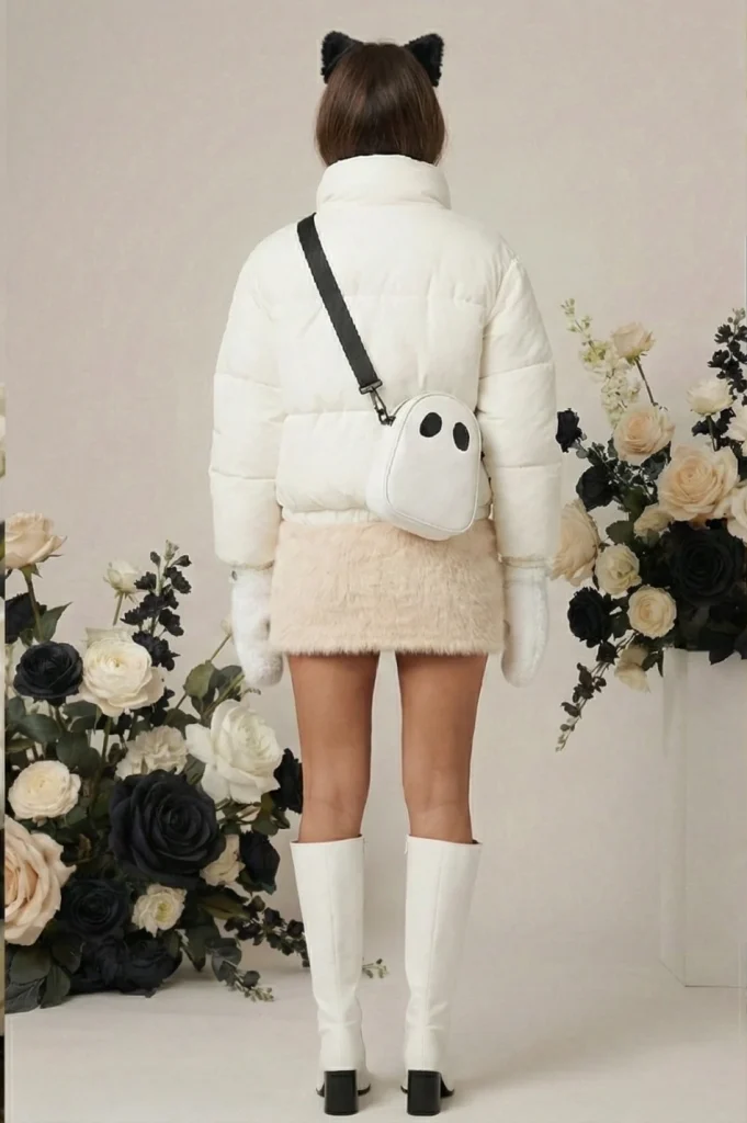 A woman models the FLY Clothing Co. "Onyx Cream" winter streetwear outfit, featuring a white full-zip puffer jacket, a black top, and a high-waisted cream faux-fur mini skirt. She is wearing white knee-high boots with thick black lug soles. Her accessories include a white ghost-shaped crossbody bag, black plush cat ears, oversized black square sunglasses, and white cable-knit mittens. The rear view shows the white puffer jacket and the ghost bag's placement against the cream fuzzy skirt.