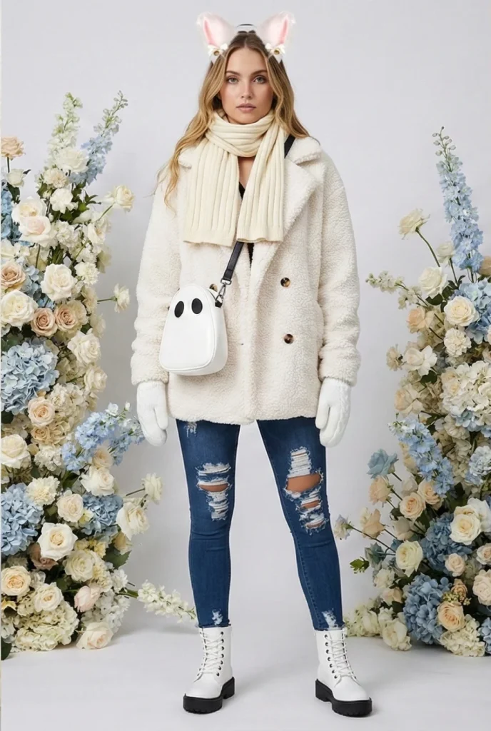Plush Ears Winter Streetwear Outfit featuring a fashion winter coat and novelty ghost purse