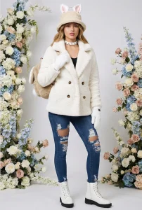 Plush Sprite Winter Streetwear Outfit: Woman wearing a plush winter coat, ears headband, and ripped skinny jeans