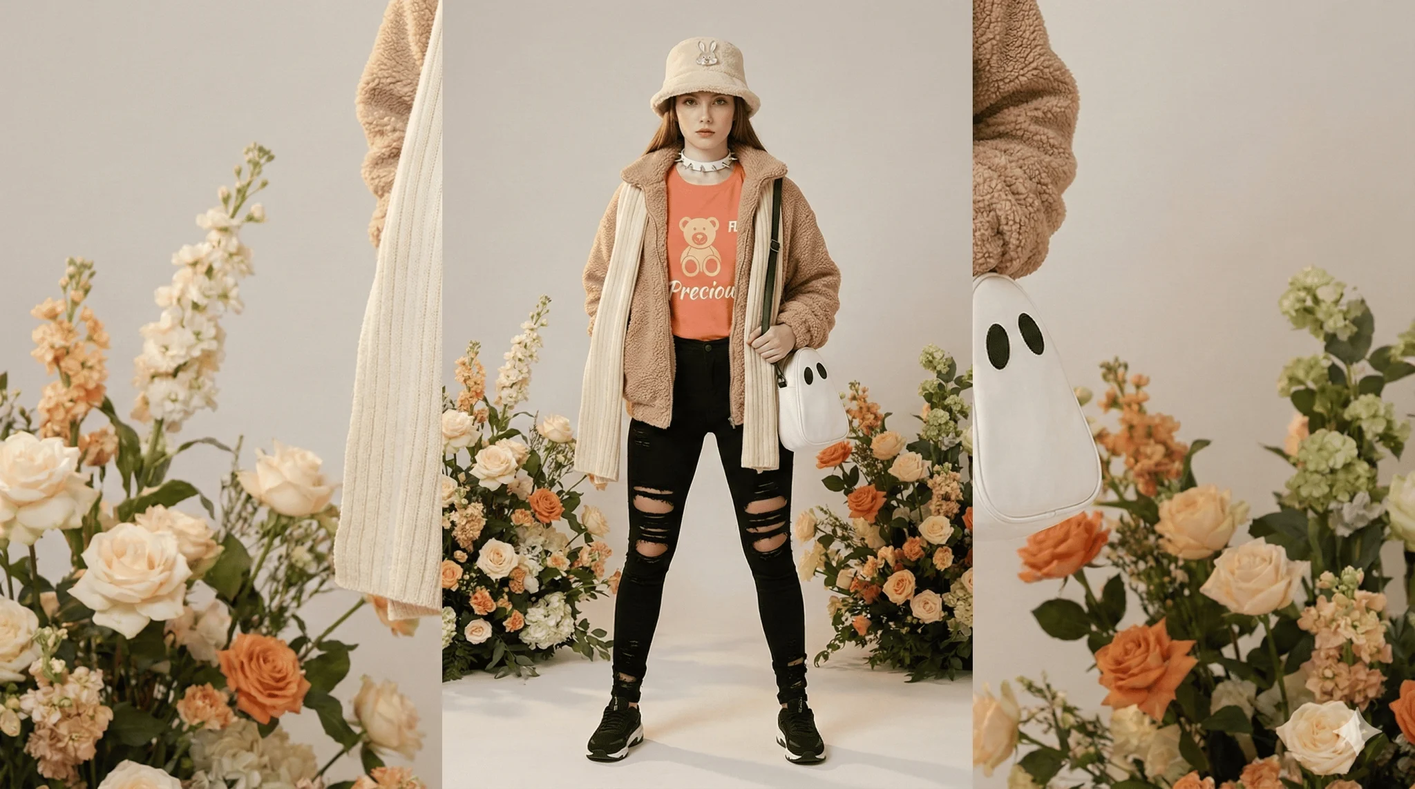 A woman models the FLY Clothing Co. "Toffee Monster" winter outfit, featuring a tan sherpa fleece jacket over an orange graphic t-shirt with a teddy bear design and the words "Precious" and "FLY". She wears heavily distressed black skinny jeans, a white spiked choker, and a white ghost-shaped crossbody bag. The look is finished with a cream bucket hat featuring a bunny emblem, a long cream ribbed scarf, and black sneakers with white soles.