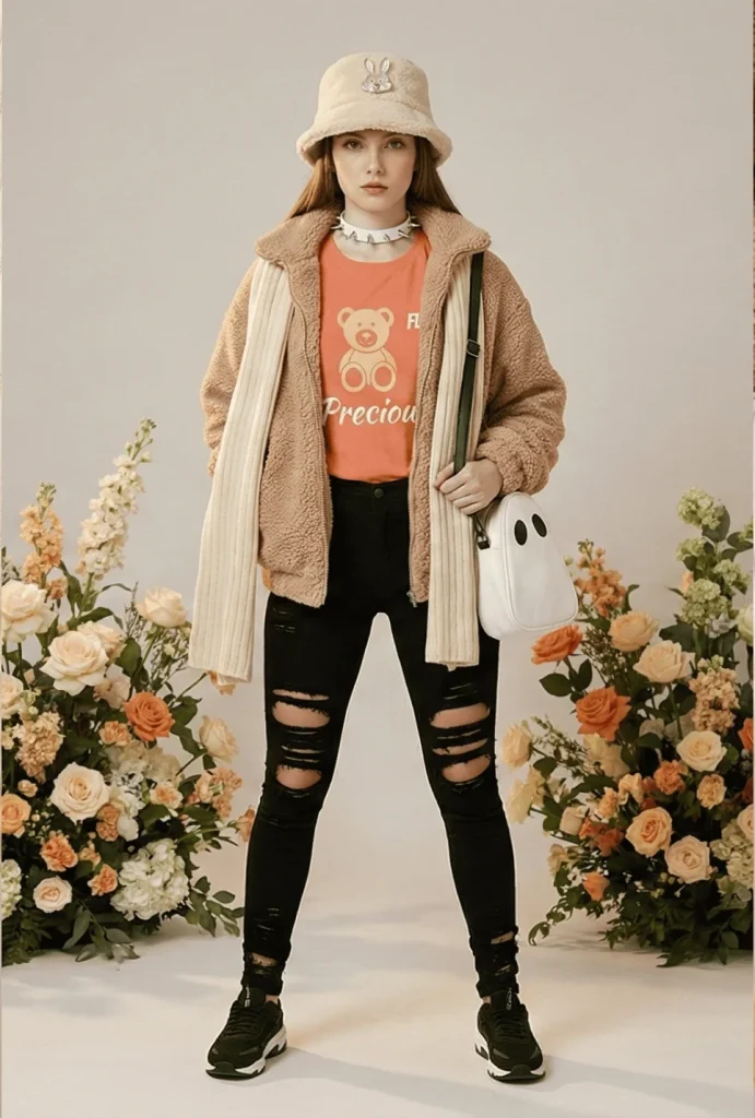 A woman models the FLY Clothing Co. "Toffee Monster" winter outfit, featuring a tan sherpa fleece jacket over an orange graphic t-shirt with a teddy bear design and the words "Precious" and "FLY". She wears heavily distressed black skinny jeans, a white spiked choker, and a white ghost-shaped crossbody bag. The look is finished with a cream bucket hat featuring a bunny emblem, a long cream ribbed scarf, and black sneakers with white soles.