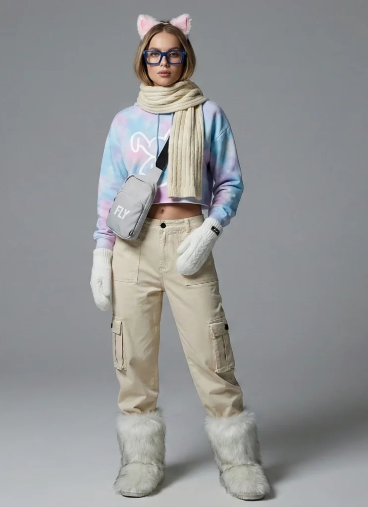 Winter Streetwear Outfit: Urban Frost woman wearing tie-dye hoodie and cargo pants